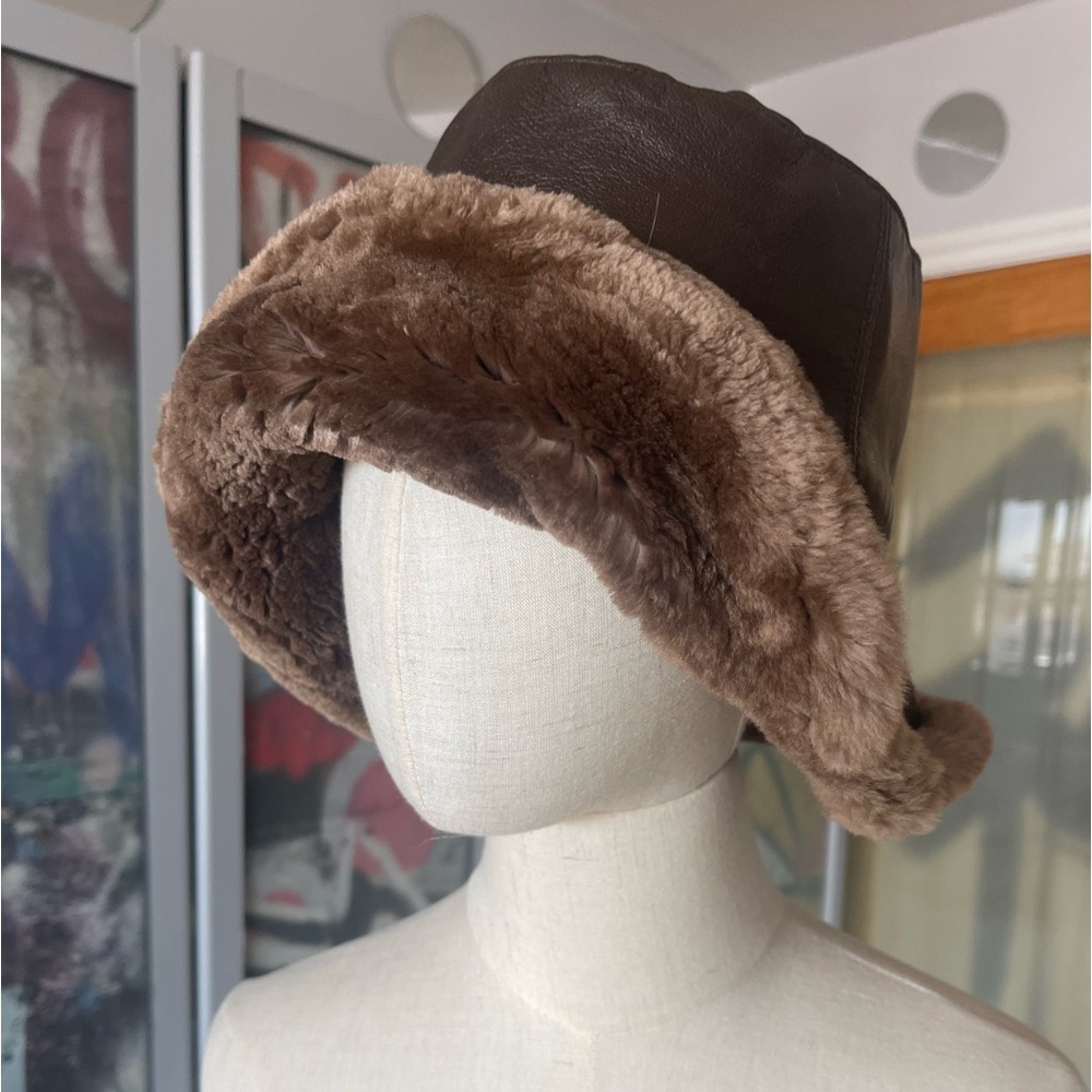 Brown genuine leather and genuine fur hat. UNIQUE!